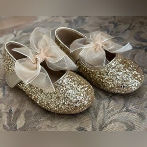 Toddler Gold Glitter Sparkly Bow Dress Shoes